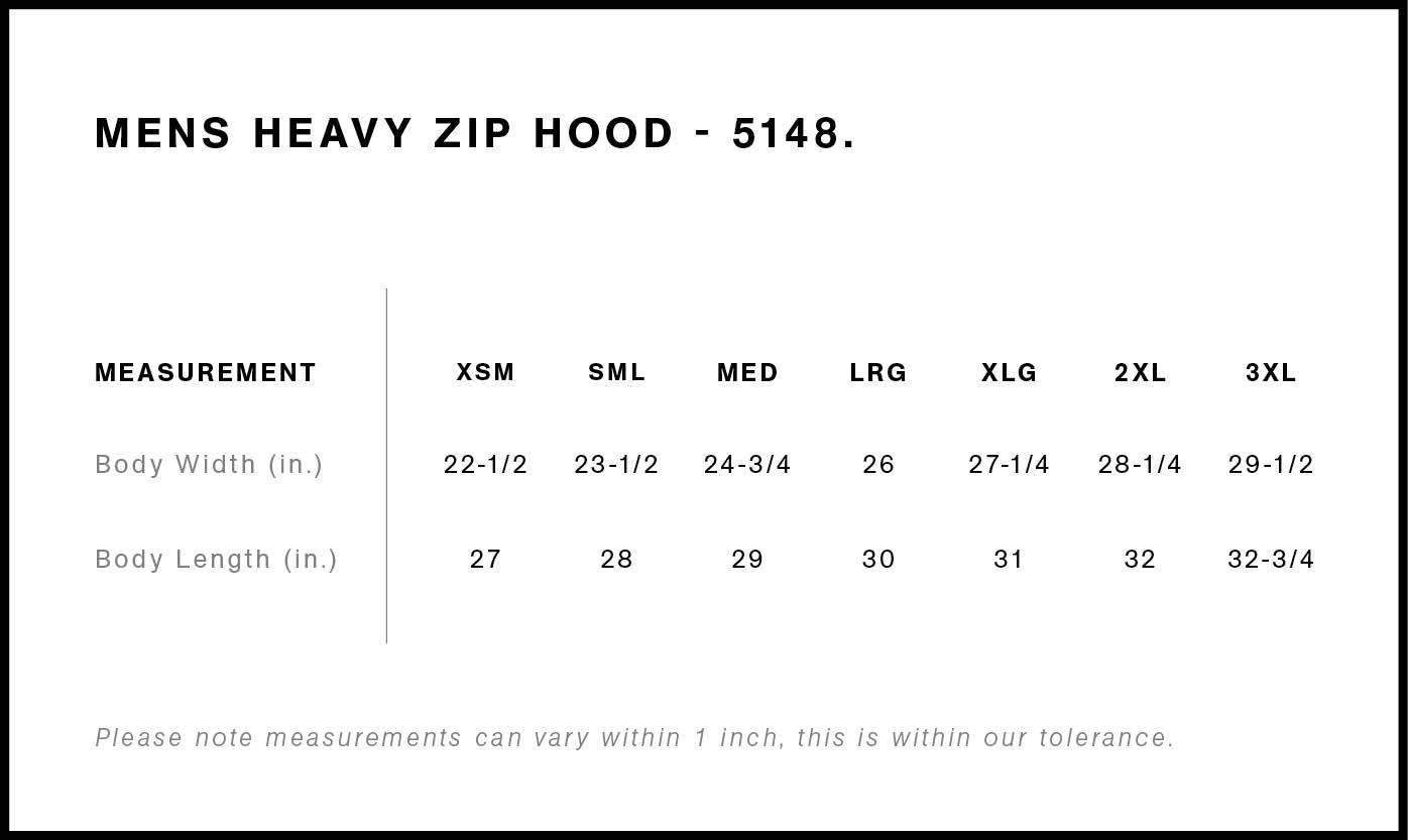 Size chart for DEGEN FULL ZIP HOODIE